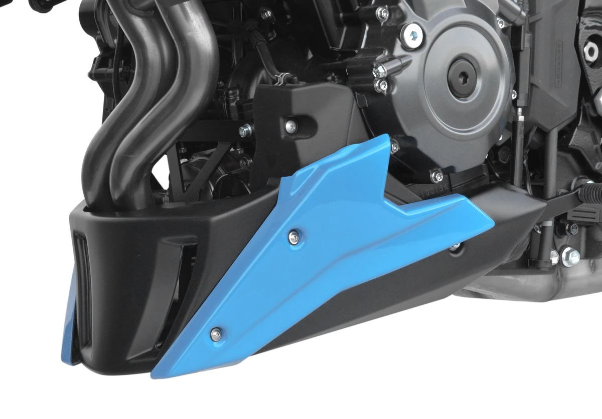 un sabot moteur Top Block sur une Suzuki GSX-8S bleue