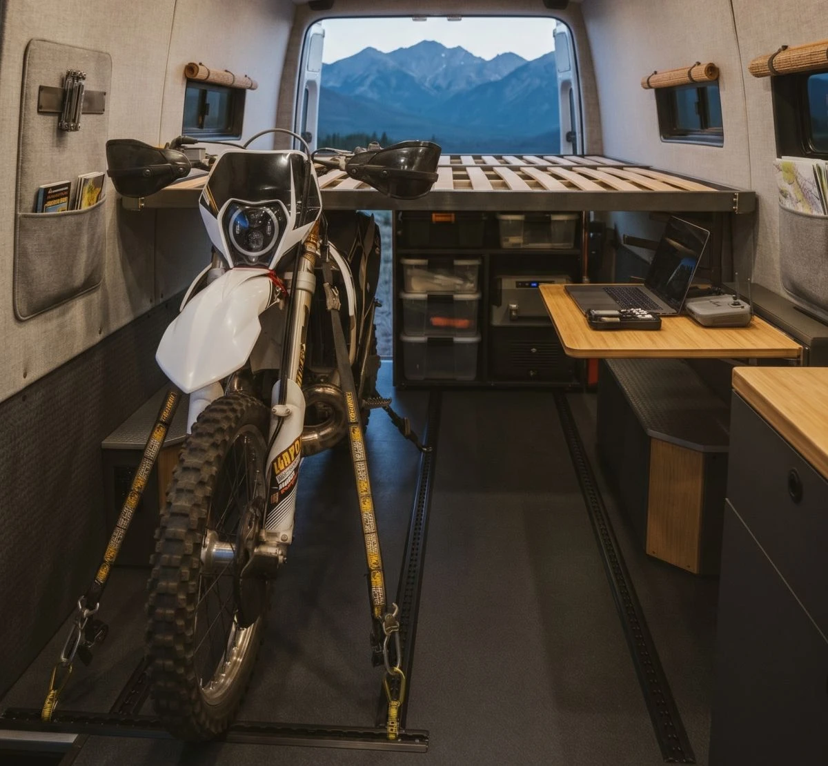 Une moto d'enduro dans un camion, un sommier et un fond montagneux
