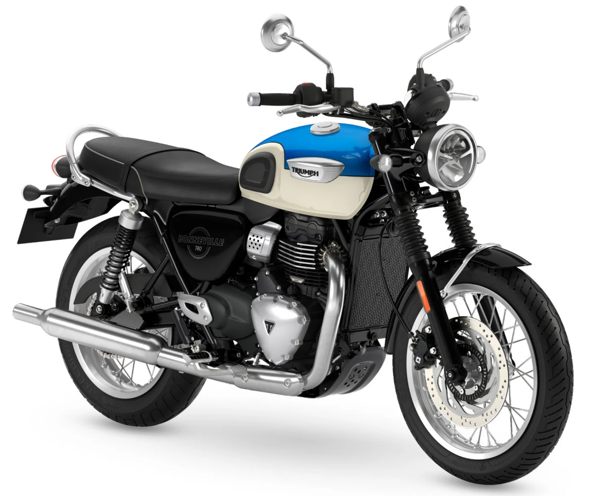 Une moto Triumph Bonneville 400 T40 bleu et blanche