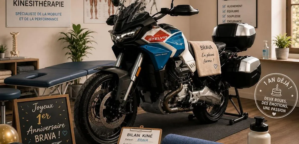 Une Moto-Guzzi Stelvio bleu blanche et rouge dans une salle de kinésithérapeute, une gourde, une plante verte, un tapis