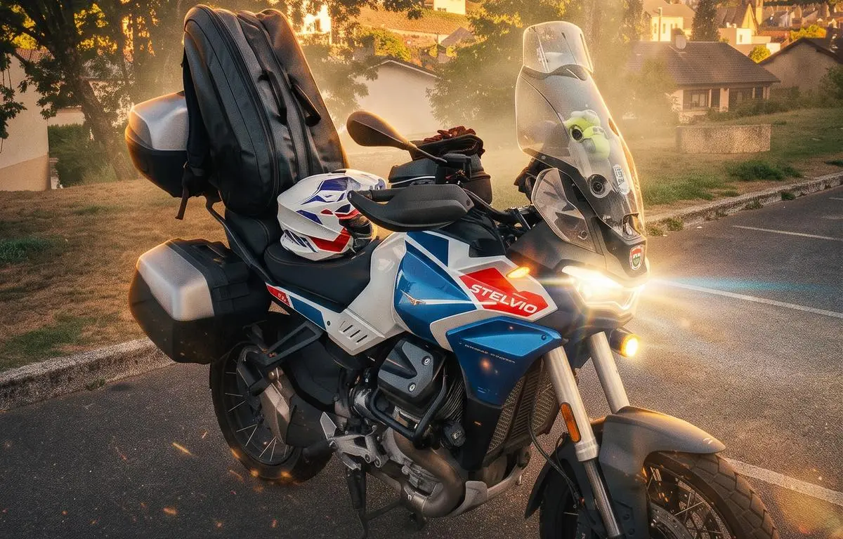 Une moto-guzzi 1000 Stelvio bleu blanche rouge avec les phares éclairés, des valises, un top-case et un sac à dos.