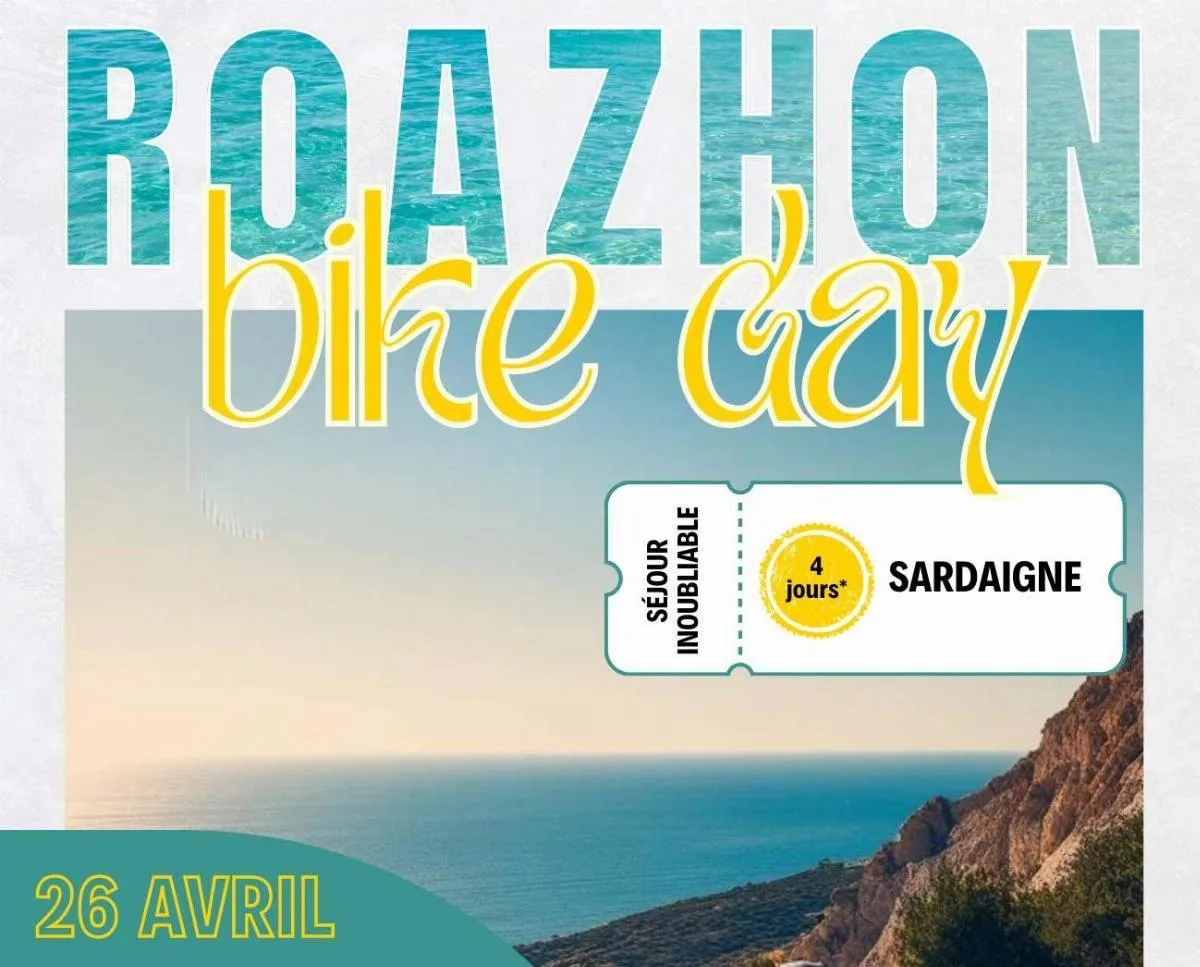 L'affiche Roazhon Bike day avec la date du 26 avril et un billet pour 4 jours en Sardaigne