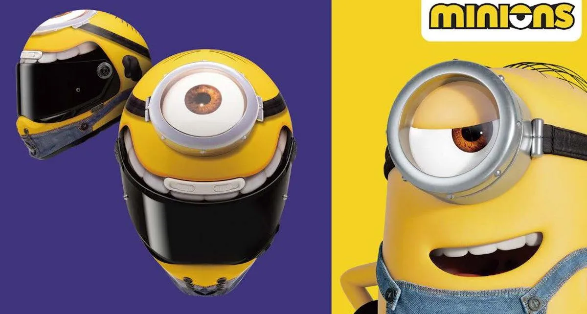 Un casque HJC V10 coloris Stuart Minions