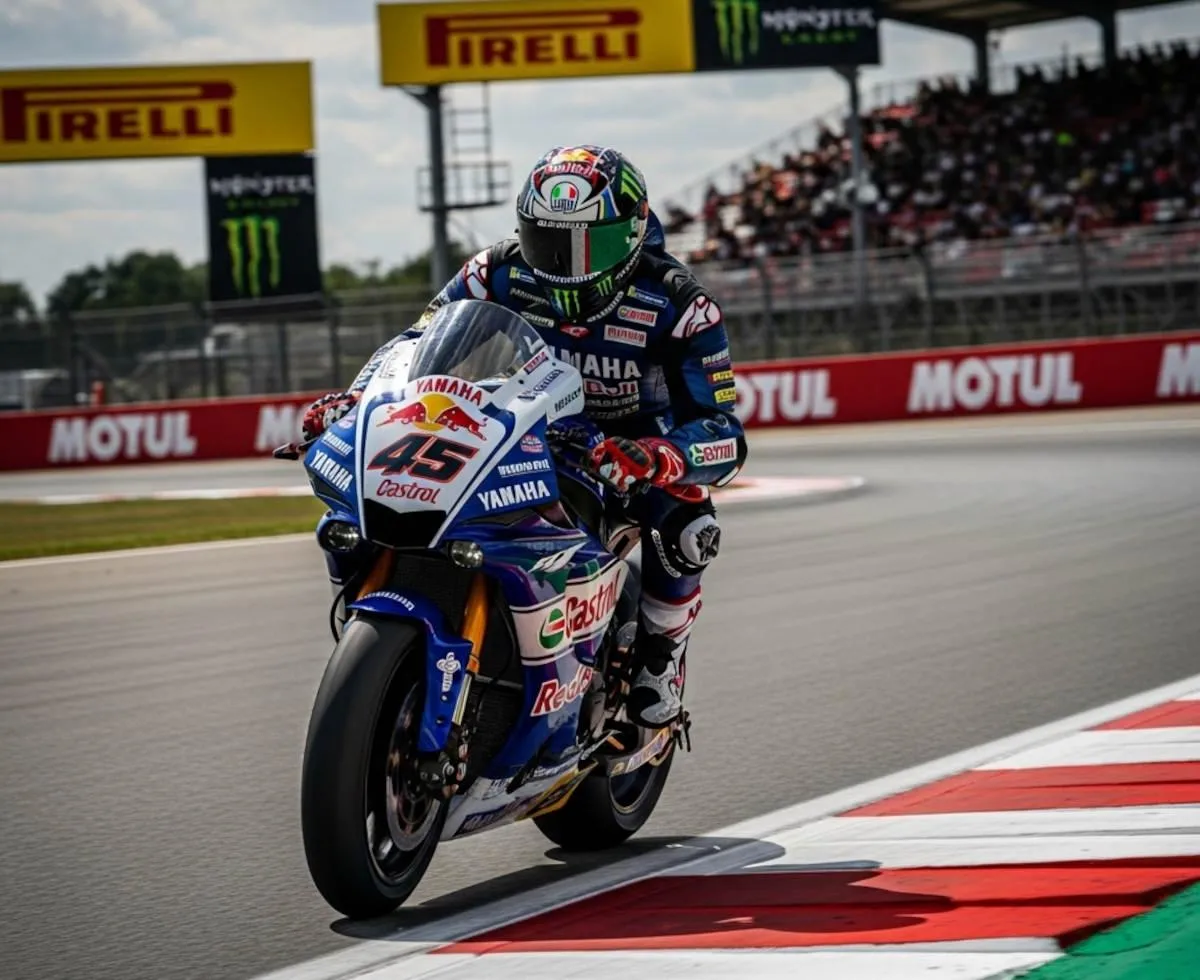 Un pilote de moto en piste sur une Yamaha bleue avec le numéro 45