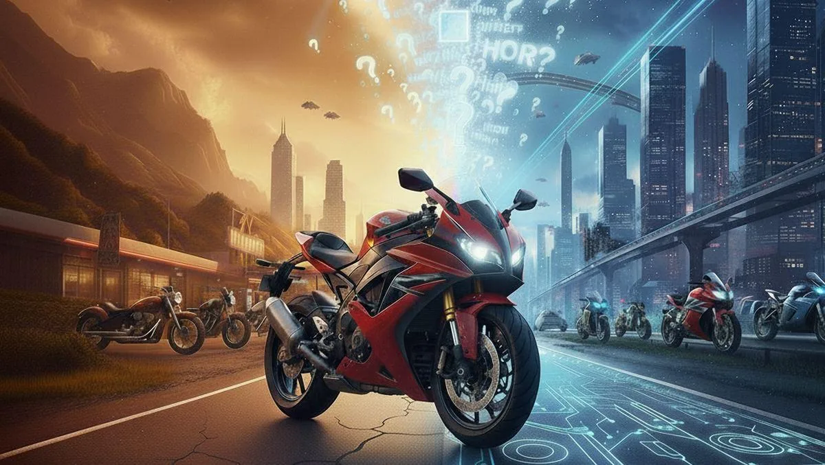 Un paysage à la fois vieux et futuriste, avec des motos.