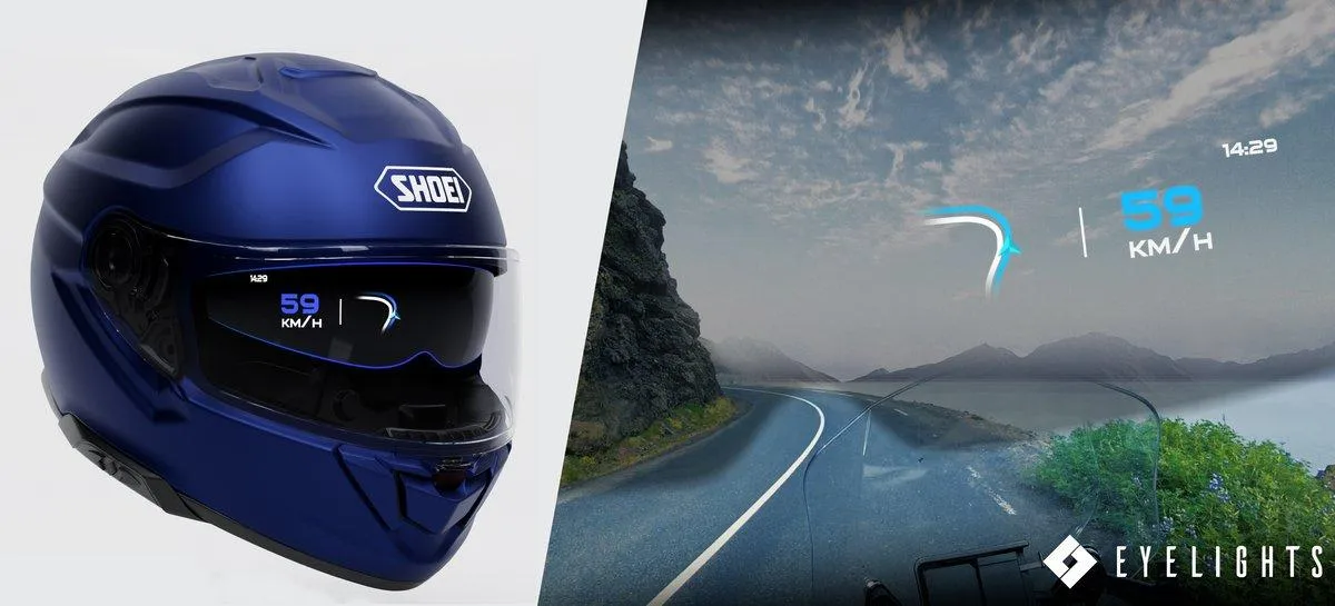 Un casco Shoei GT-AIR 3 Smart Eyelights y una vista de una carretera cerca de un lago