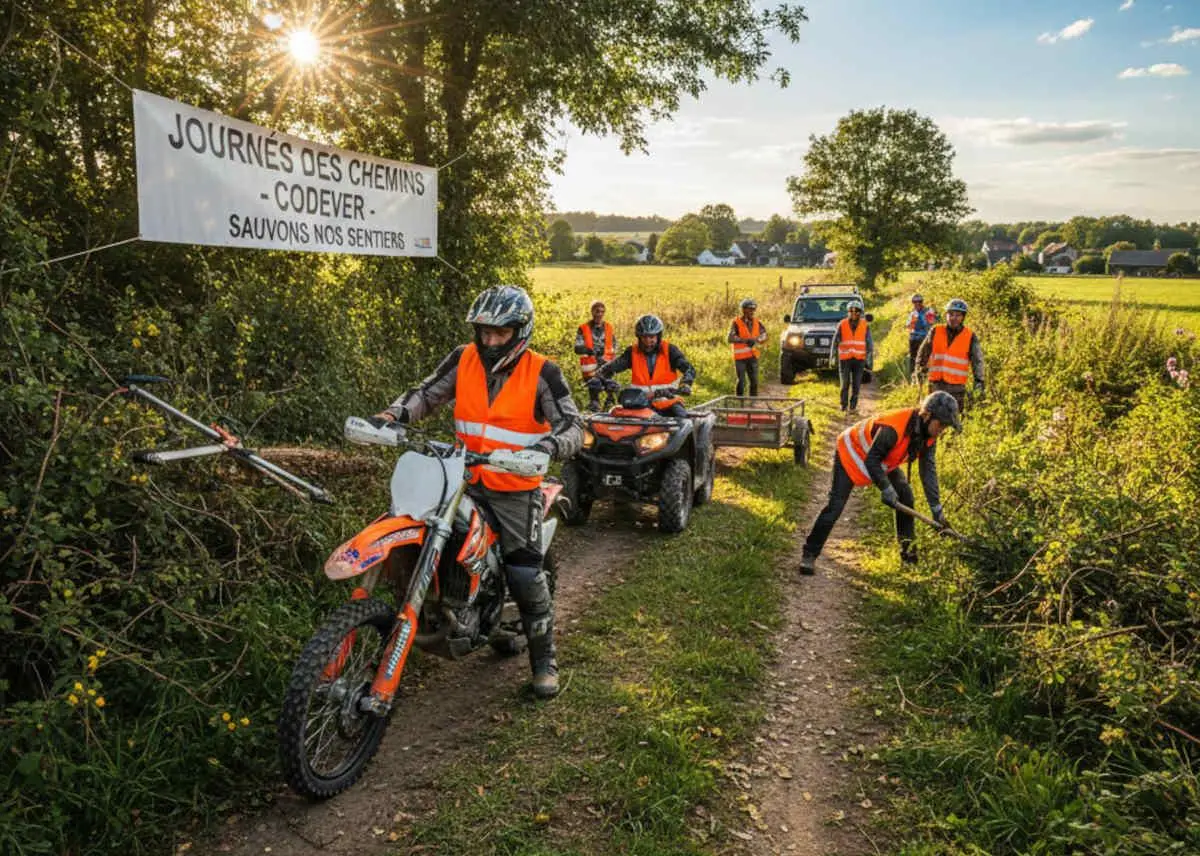 Groupe de bénévoles motards en gilets de sécurité orange défrichant et rouvrant un chemin rural pour les Journées des Chemins CODEVER.