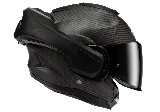 An HJC F 100 Matte Carbon modular helmet in the open position.