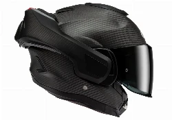 Un casque modulable HJC F 100 Carbone mat en position ouverte.