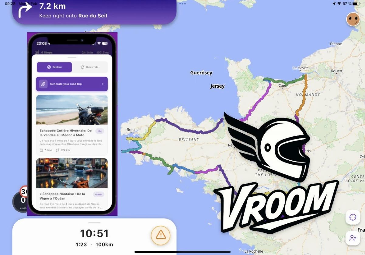 Une carte GPS d'itinéraire avec à gauche l'application téléphone de Vroom et à droite le logo de l'association