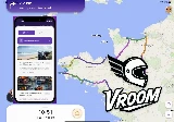 Un mapa GPS con la ruta, con la aplicación para móviles de Vroom a la izquierda y el logotipo de la asociación a la derecha