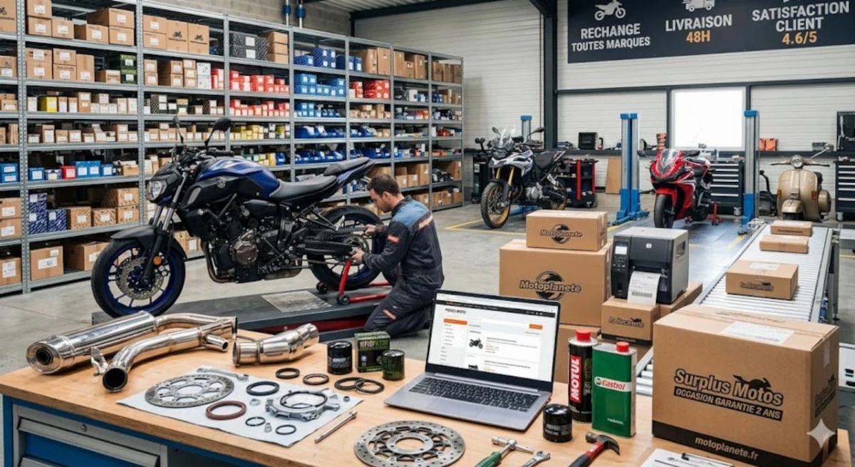 Image illustrant un comparatif des meilleurs sites de pièces moto en 2026. On y voit un atelier avec un mécanicien travaillant sur un roadster, entouré de pièces détachées neuves et d'occasion, ainsi que des colis prêts pour la livraison. Un ordinateur portable affiche une boutique en ligne spécialisée.