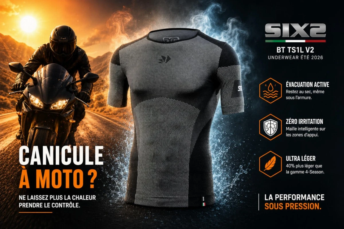 Illustration d'un comparatif d'équipements anti-chaleur pour motards : le sous-vêtement technique SIXS BT TS1L V2 Black Carbon est mis en scène dans un environnement de canicule avec un motard roulant sous un soleil intense. L'image met en avant la thermorégulation, l'évacuation de la transpiration, le confort sous blouson moto et les performances d'un sous-vêtement technique spécialisé face à un maillot de running utilisé comme alternative économique lors des fortes chaleurs estivales.