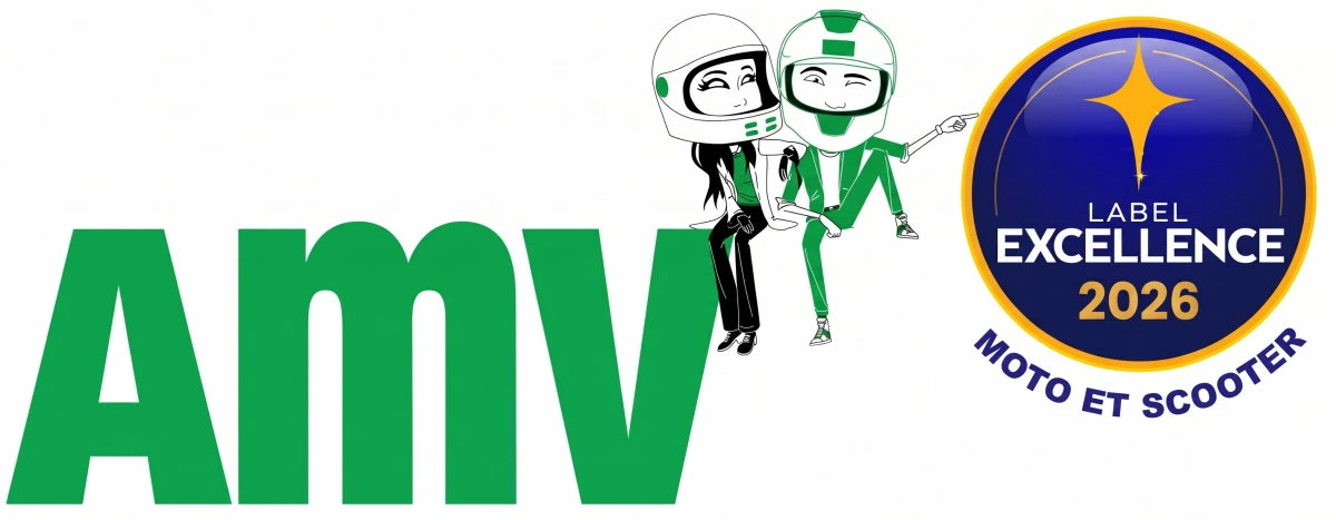 Le logo AMV, deux personnages en dessin et le logo Label Excellence