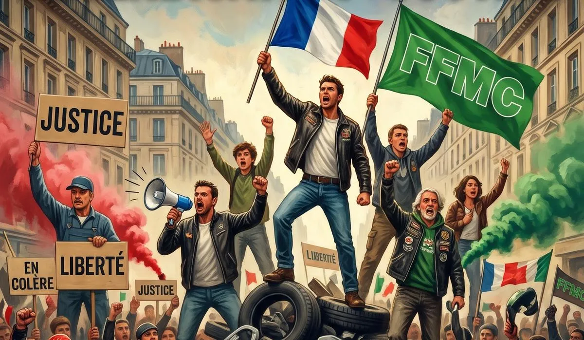 Un tableau représentant des manifestants pacifistes, avec un drapeau français et un drapeau vert de la FFMC