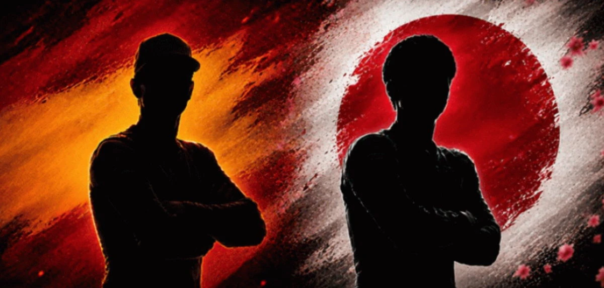 Un dessin représentant les drapeaux espagnol et japonais, avec deux silhouettes en noir.