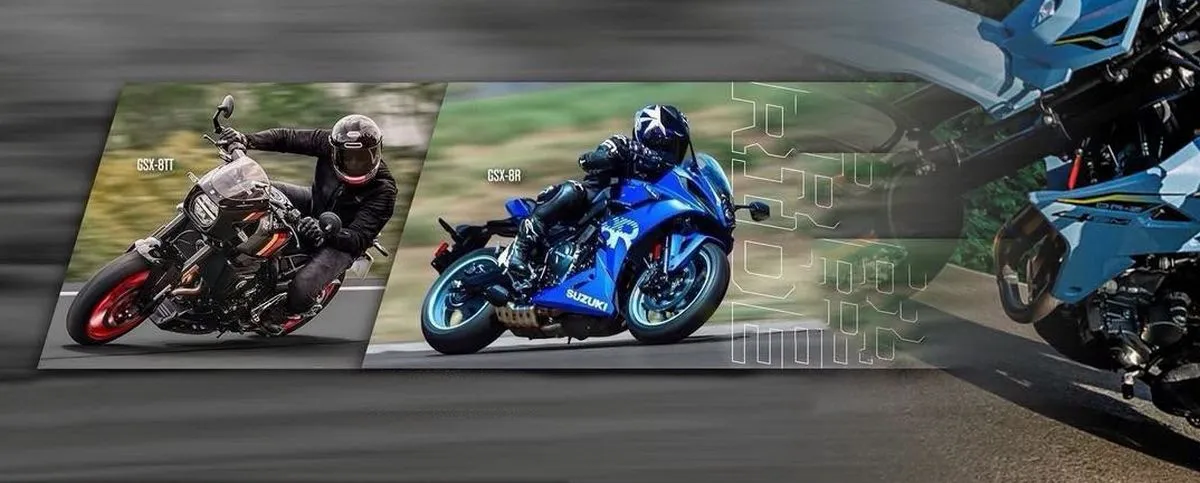 Des motos Suzuki GSX-8T, GSX-8R et DR-Z4SM dans des vues dynamiques.