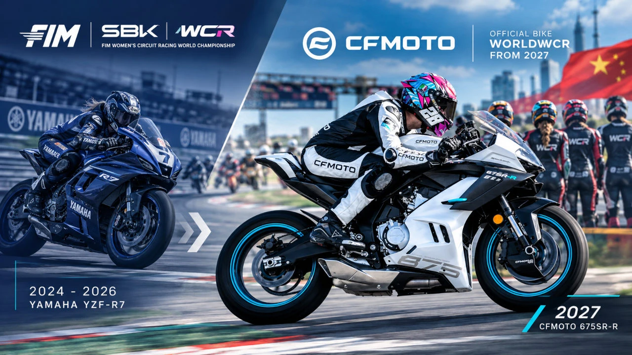 Montaje en el que se ve una Yamaha YZF-R7 compitiendo contra una CFMOTO 675SR-R, que ilustra el cambio de moto oficial del WorldWCR a partir de 2027.