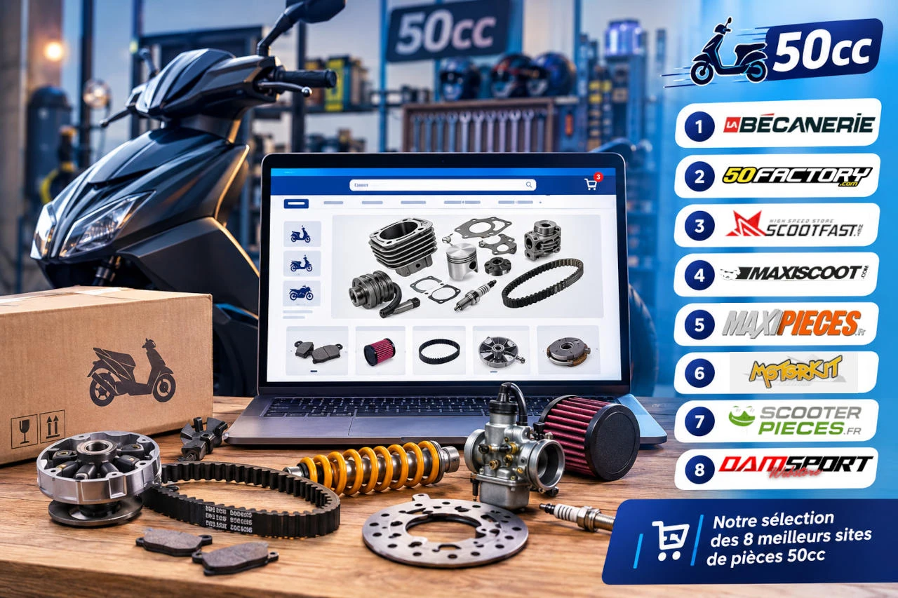 Illustration des 8 meilleurs sites de pièces 50cc avec un scooter, des pièces mécaniques et un classement des boutiques spécialisées