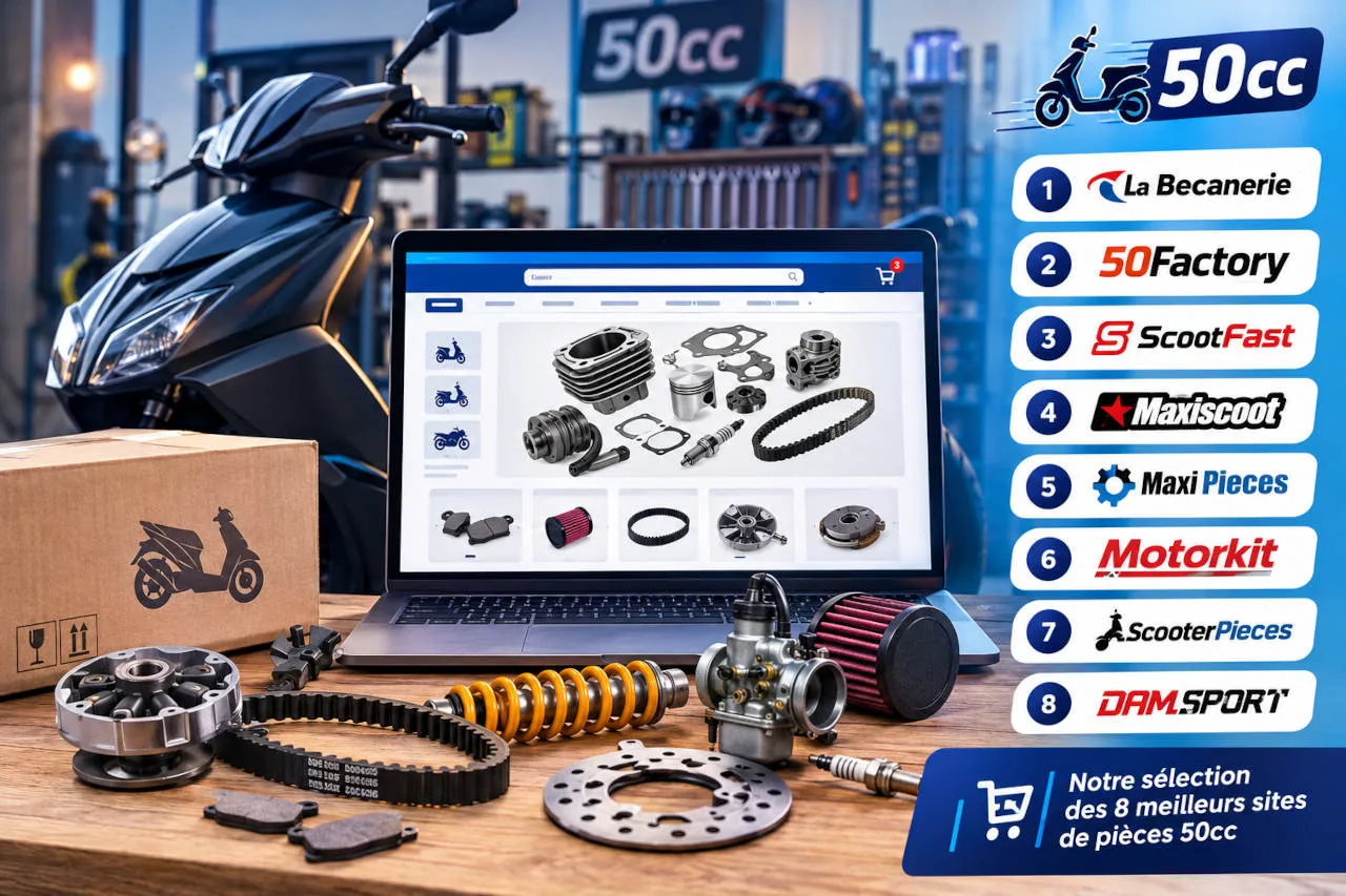 Illustration des 8 meilleurs sites de pièces 50cc avec un scooter, des pièces mécaniques et un classement des boutiques spécialisées