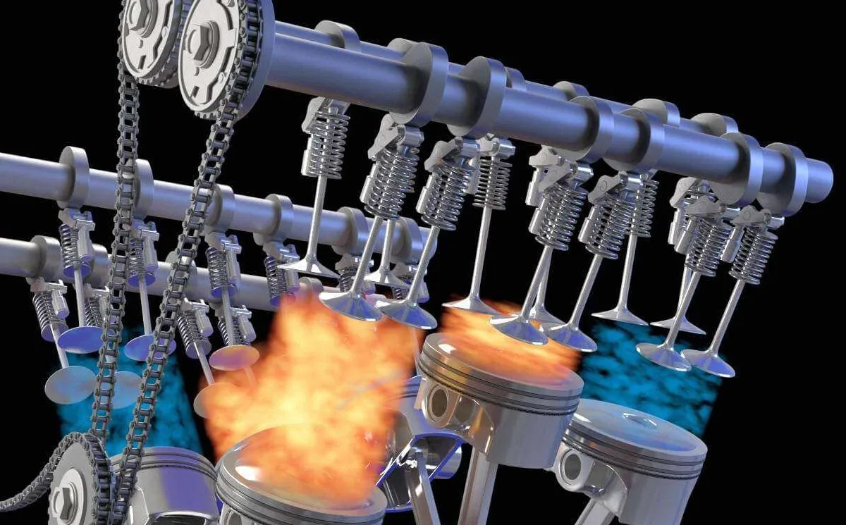 Une vue interne d'un moteur, avec des soupapes, des arbres à cames, des pistons et des explosions.