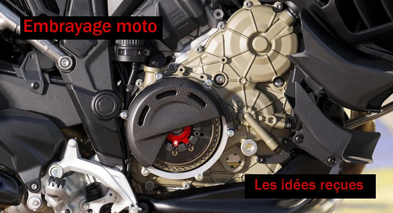 Zoom sur l'embrayage à sec d'une Ducati Multistrada V4 RS 1100 avec les écritures "Embrayage moto, les idées reçues"