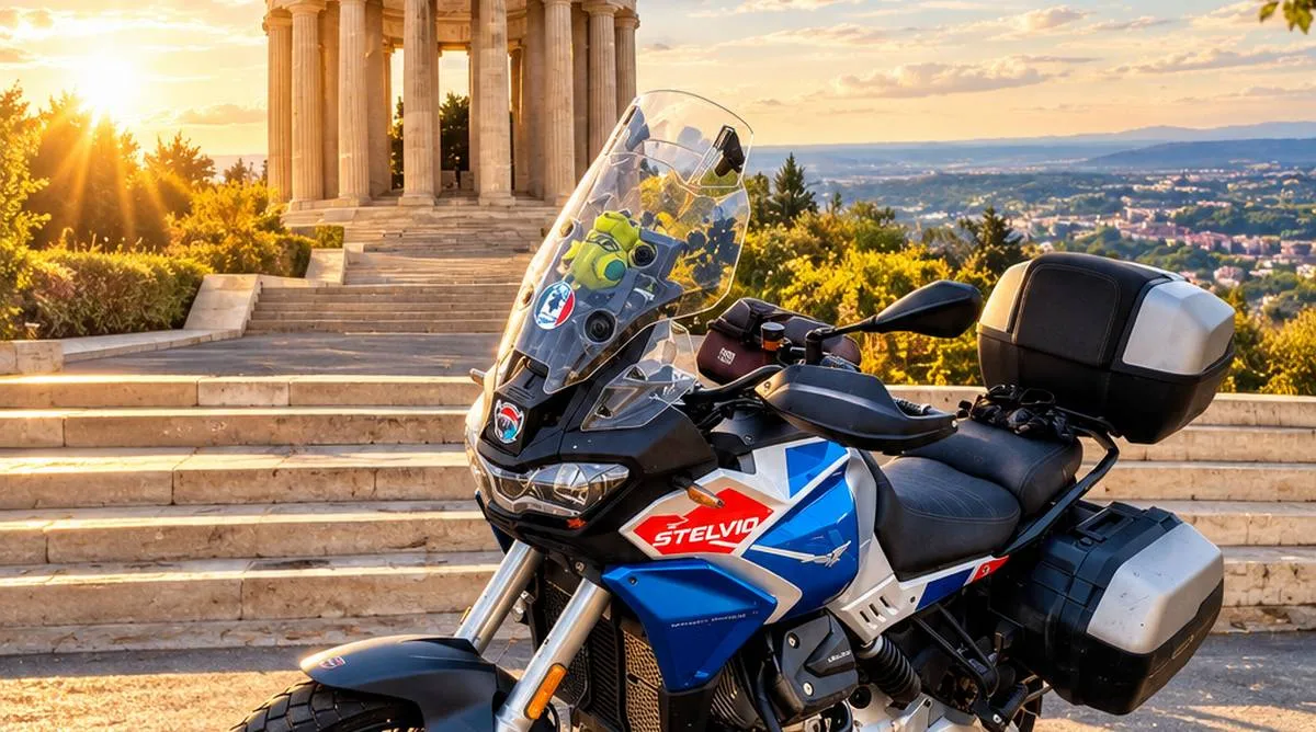 Une Moto-Guzzi 1000 Stelvio devant un bâtiment de type romain avec des colonnes et un coucher de soleil