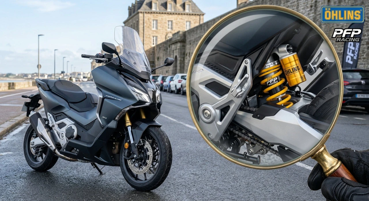 Un scooter Forza 750 sur le bord de mer avec une loupe pour montrer des suspensions Öhlins