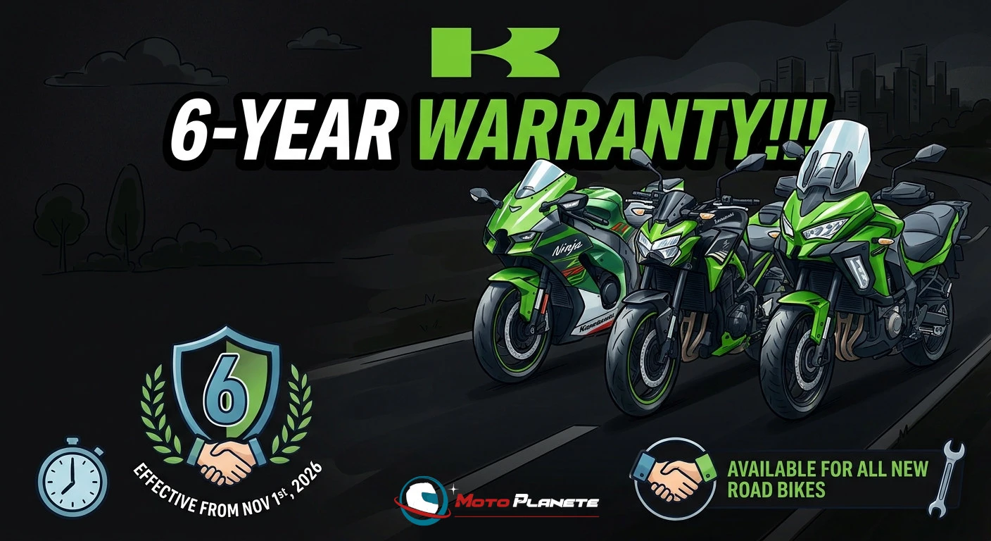 Illustration des motos Kawasaki Ninja ZX-10R, Z900 et Versys 1000 sur fond sombre avec l'annonce de la garantie 6 ans 6-Year Warranty