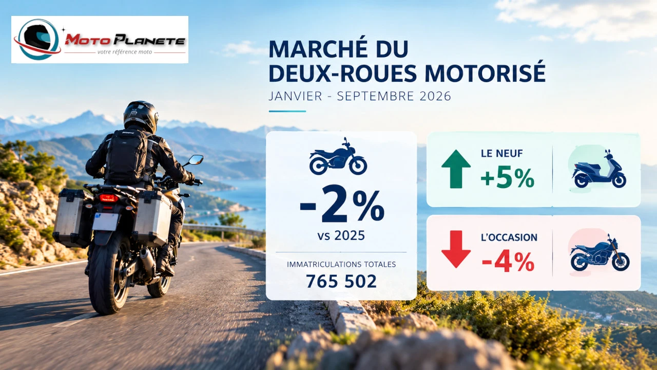 Motard à moto avec valises roulant sur une route panoramique de montagne, accompagné d'une infographie sur le marché français du deux-roues en 2026.