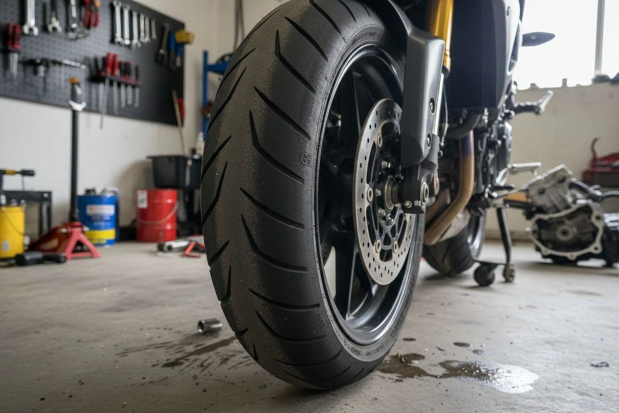 Zoom sur le pneu avant d'une moto roadster dans un garage