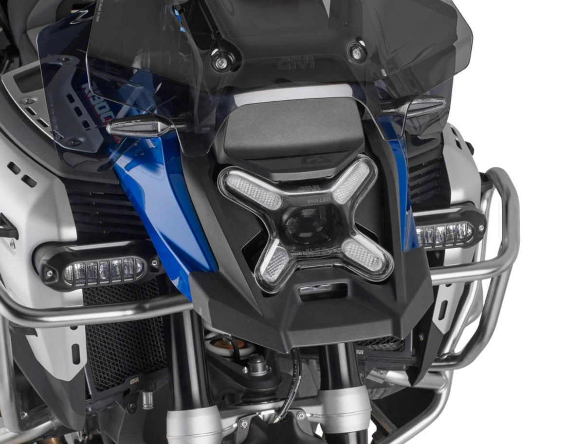GIVI HLP5146ST headlight protector mounted on the BMW R 1300 GS's X-shaped LED headlight assembly.
