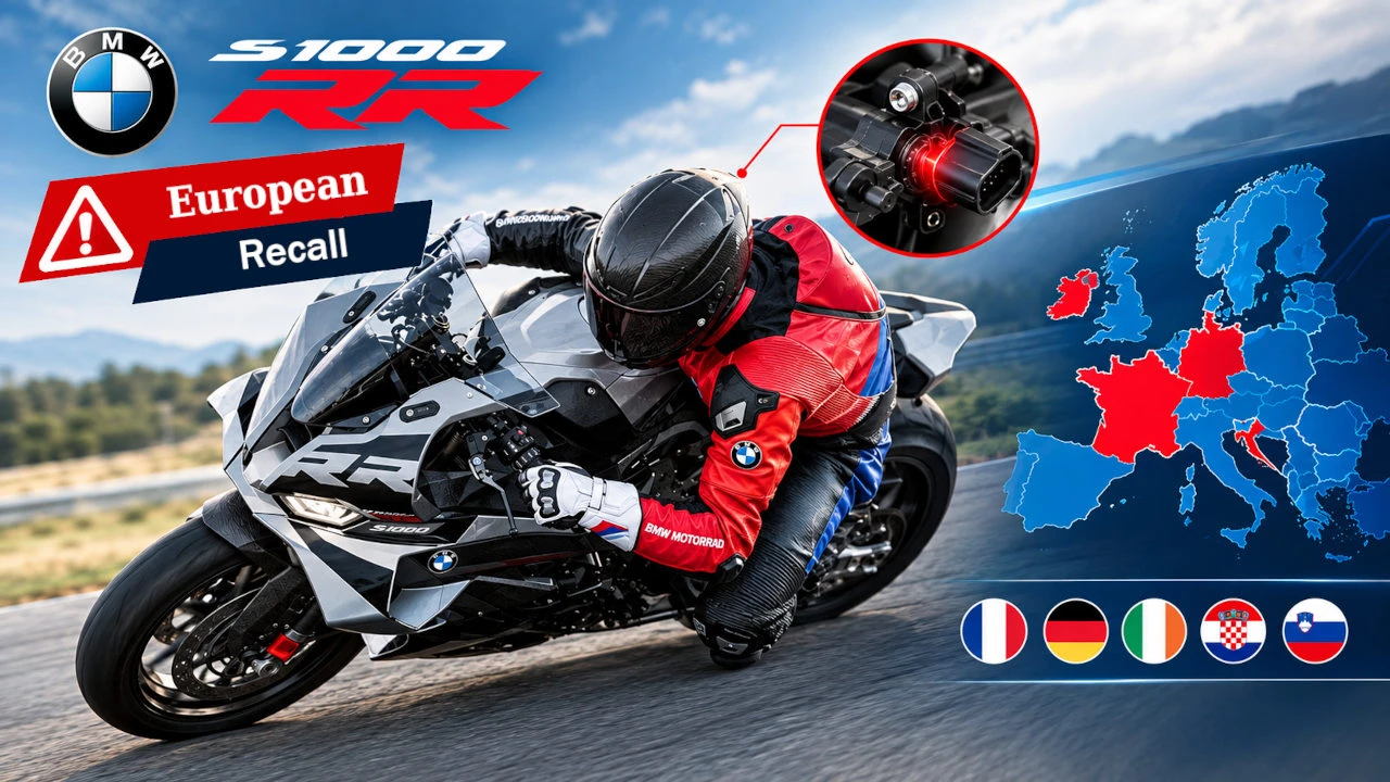 BMW S 1000 RR en action sur circuit, avec une illustration du rappel européen concernant un problème électrique et les pays concernés