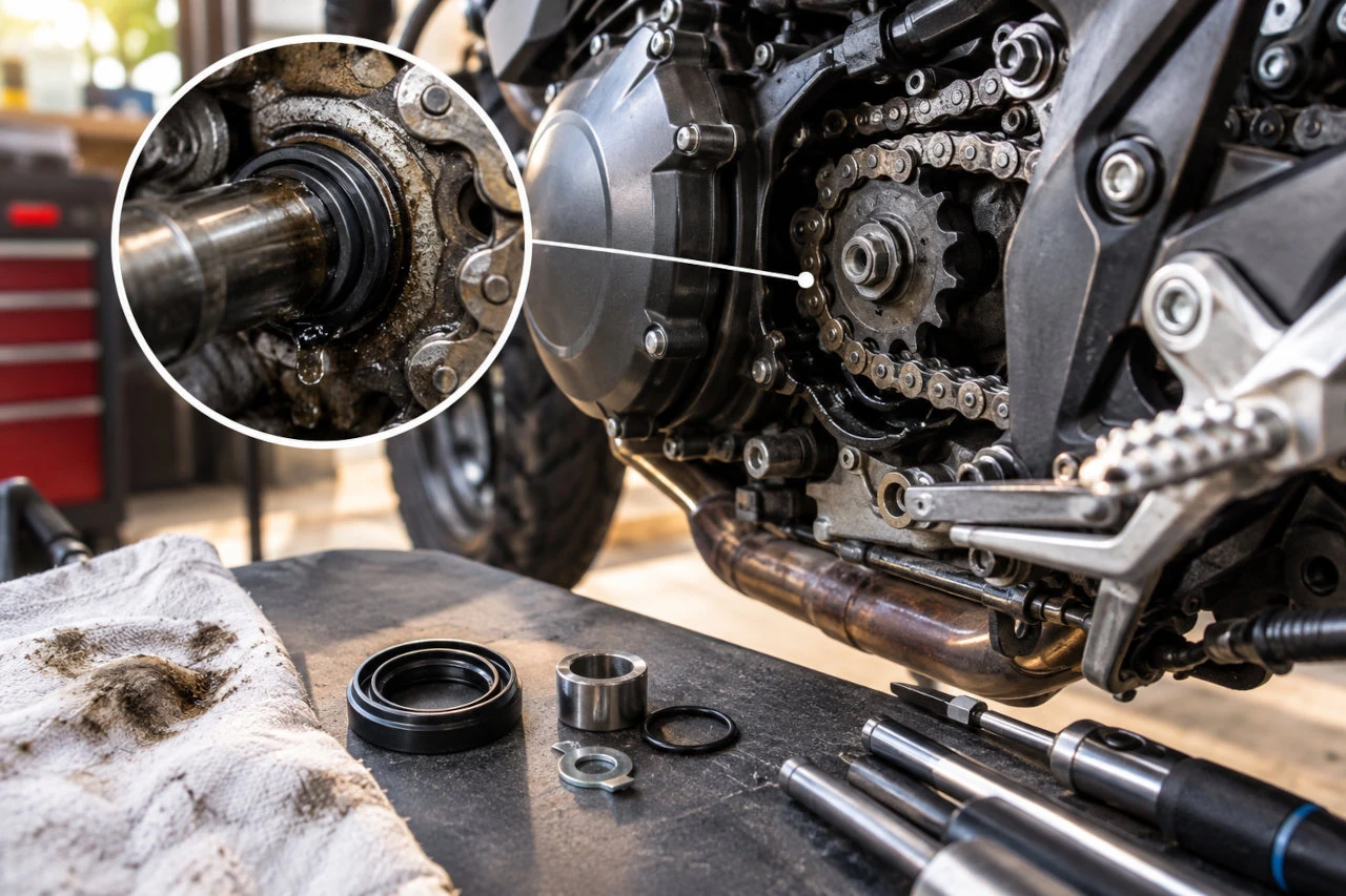 Moto vue côté transmission avec le pignon de sortie de boîte, la chaîne et le carter moteur, avec un gros plan sur un joint spi présentant une fuite d'huile et des outils de mécanique posés à proximité.