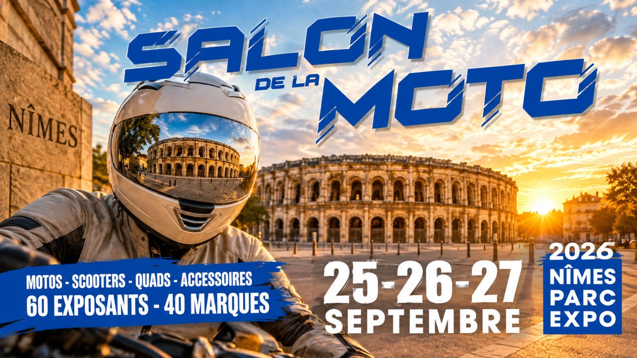 Salon de la Moto de Nîmes 2026 avec un motard casqué devant les arènes de Nîmes, du 25 au 27 septembre au Parc Expo