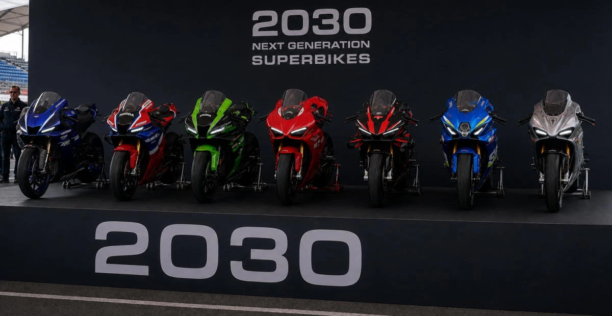 des motos sportives sur un podium et le numero 2030