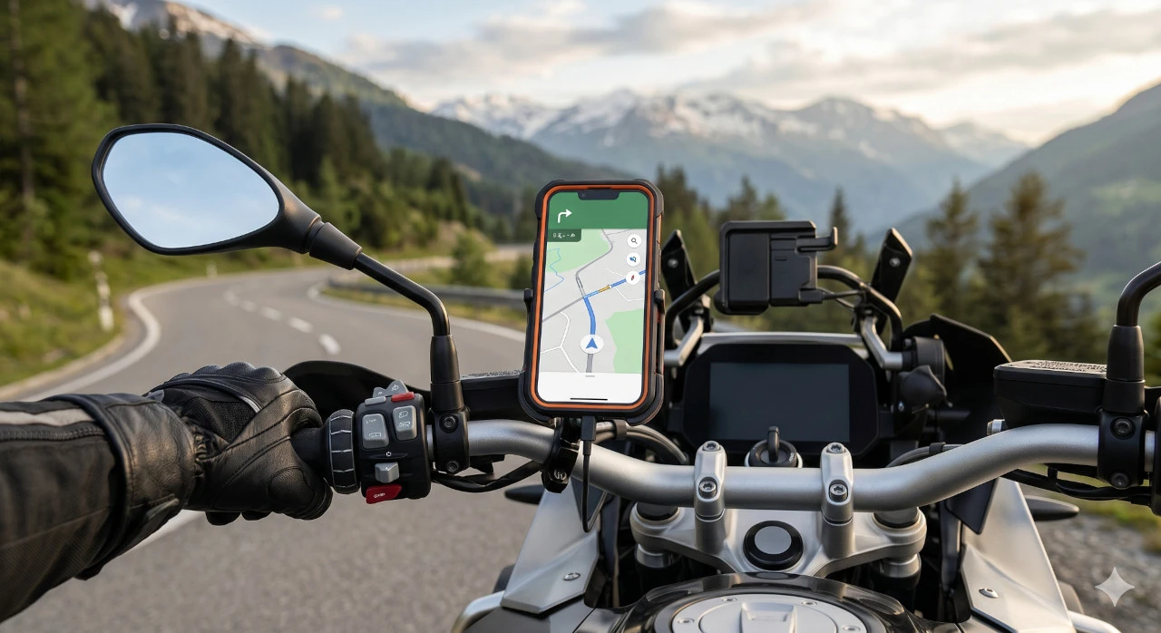 Un téléphone portable sur un support adapté pour la moto afin de suivre le trajet GPS de son itinéraire