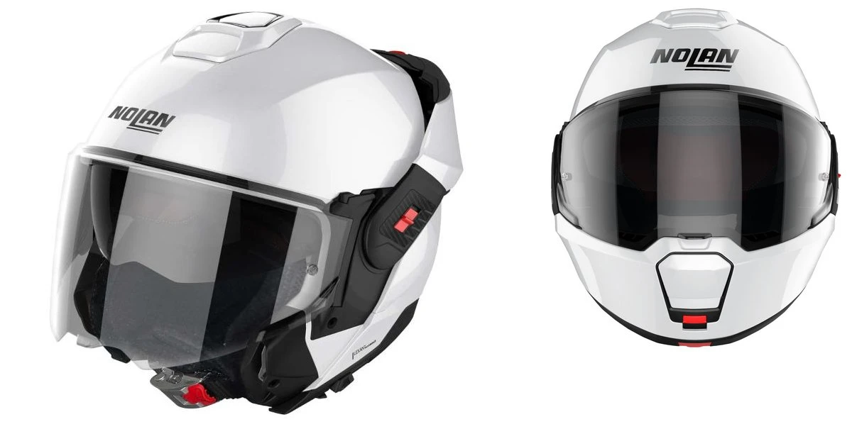 deux vues différentes d'un casque Nolan N120-1 blanc.