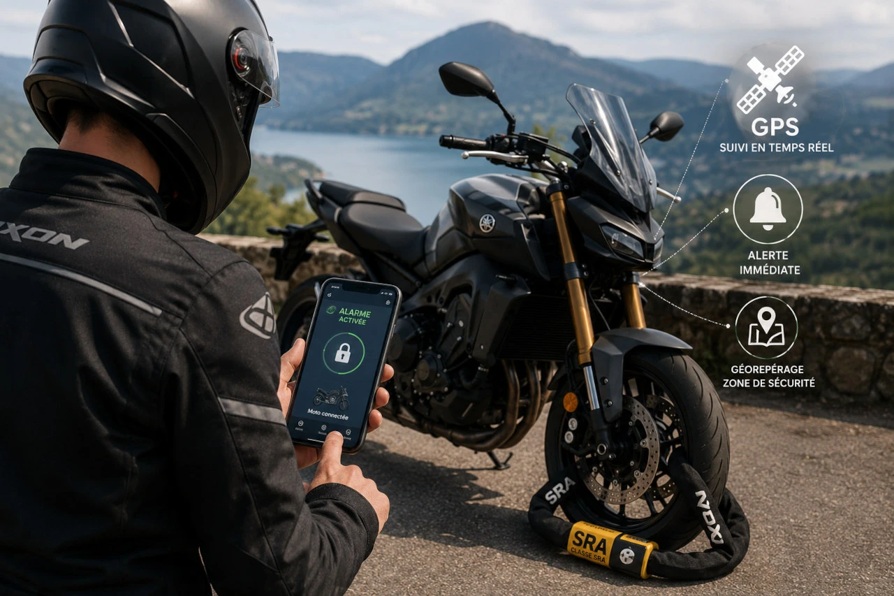Un motard de dos, avec sa moto devant lui, un antivol aux normes SRA sur la roue avant, et le motard tient son téléphone afin de lancer son application pour activer son alarme.