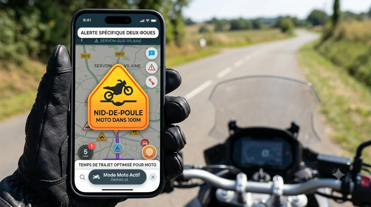 Capture d'écran de l'interface de navigation Waze affichant une alerte de danger sur la route.