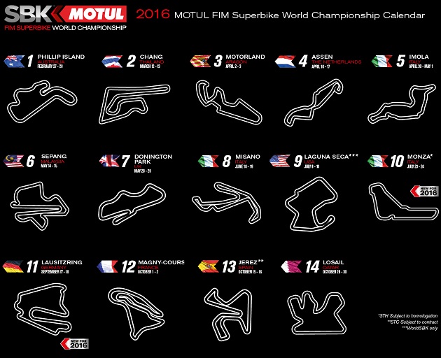 Calendrier provisoire du Championnat du Monde Superbike 2016.