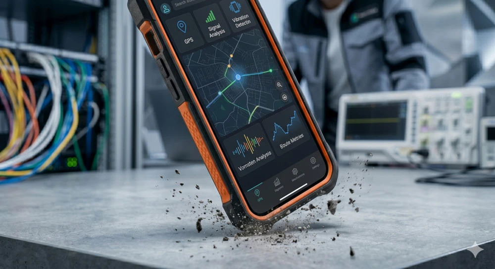 Un téléphone portable avec une protection orange tombant sur une table et projetant des débris