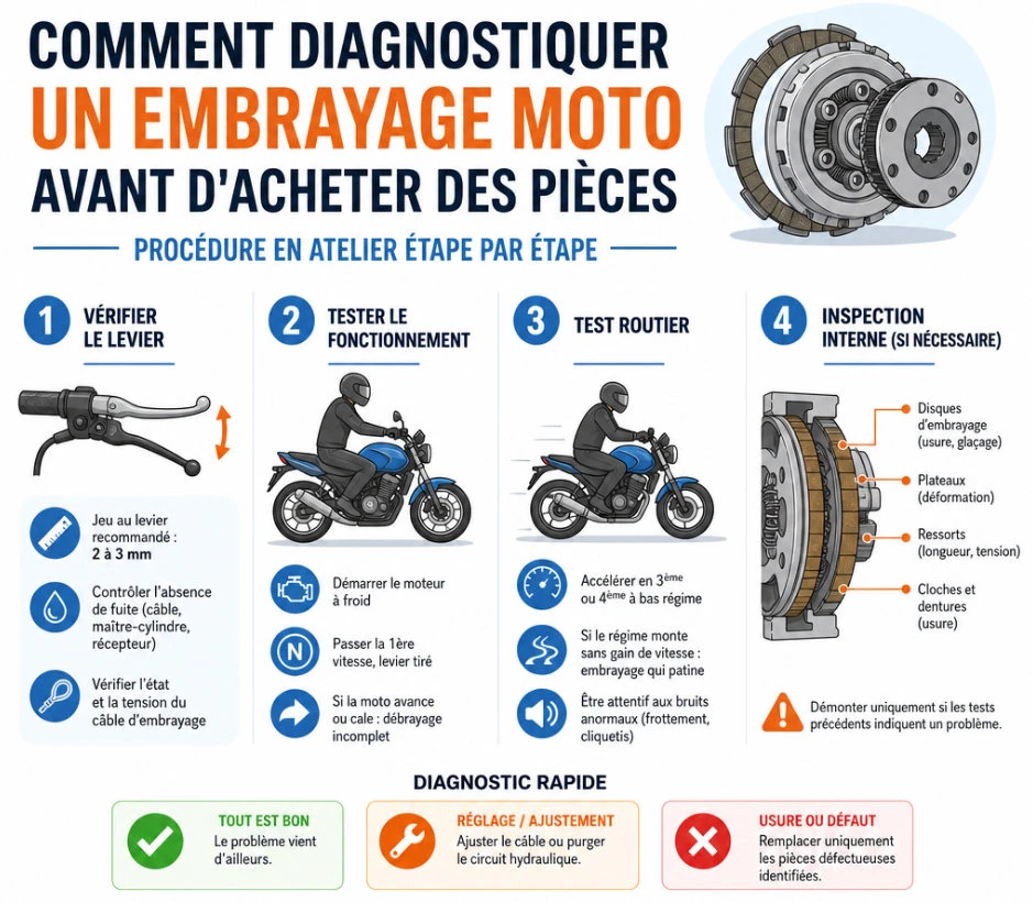 Procédure détaillée étape par étape pour identifier les soucis d'embrayage moto
