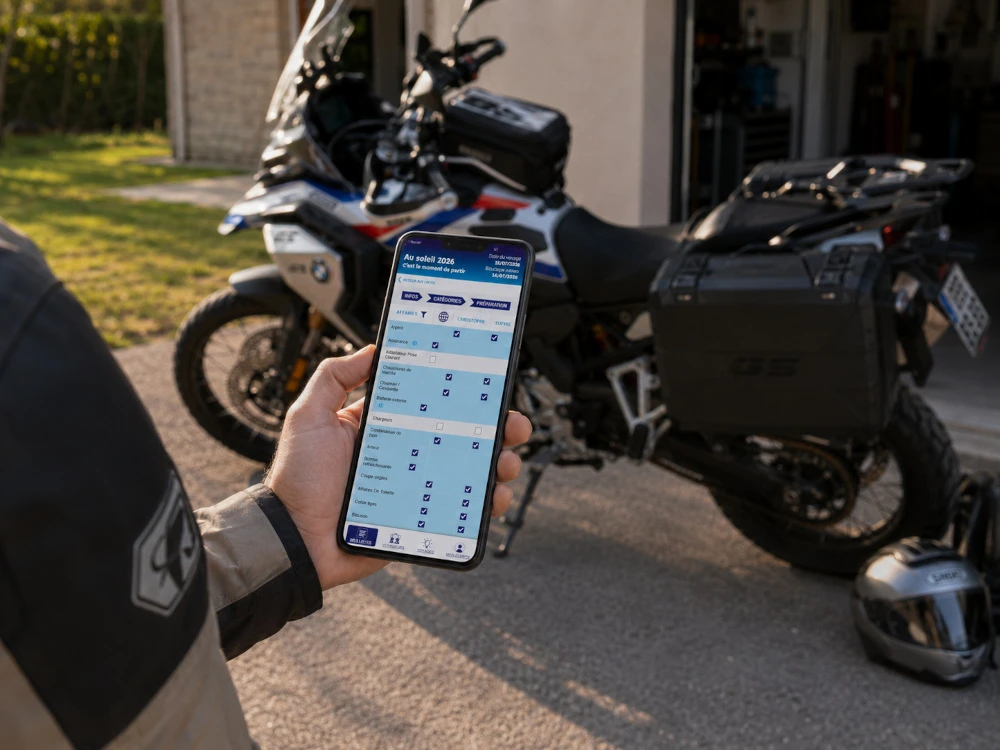 Un motard utilise l'application partir-léger sur ton téléphone en prévision de son voyage en moto. La BMW GS en fond, est chargée et prête à partir.