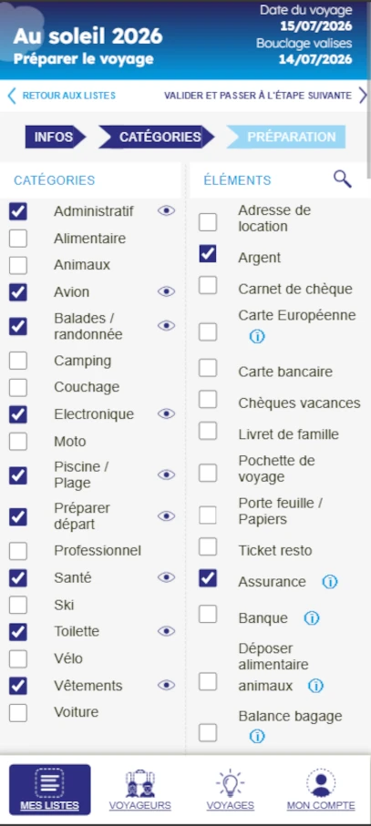 L'écran permettant de spécifier les catégories et les affaires à prévoir plusieurs jours avant