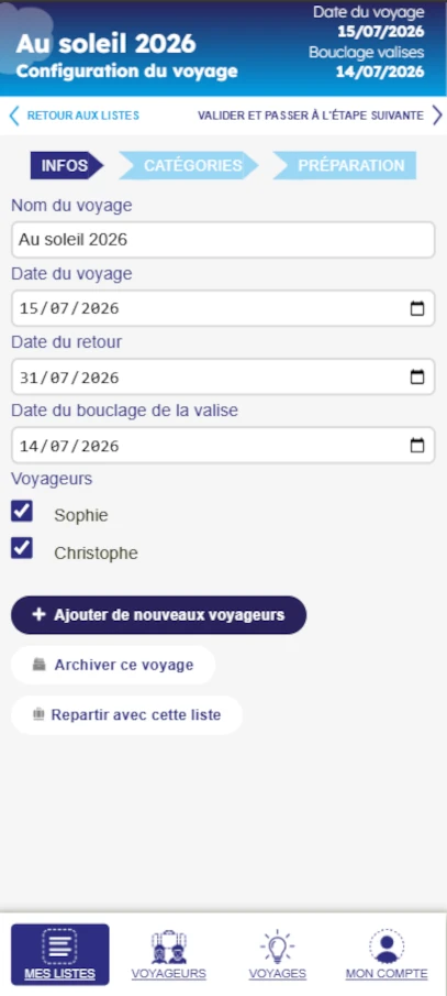 L'écran permettant de définir les dates et les participants au voyage