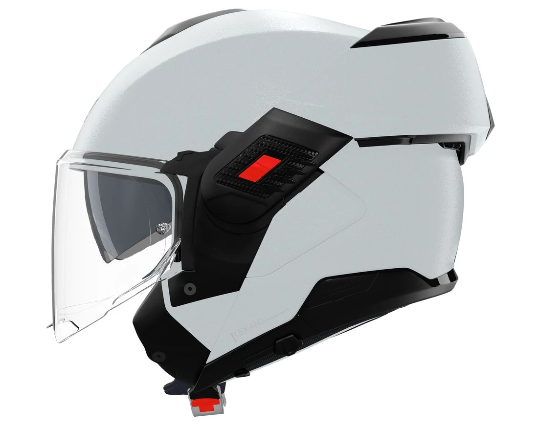 Un casque Nolan N120-1 blanc ouvert.