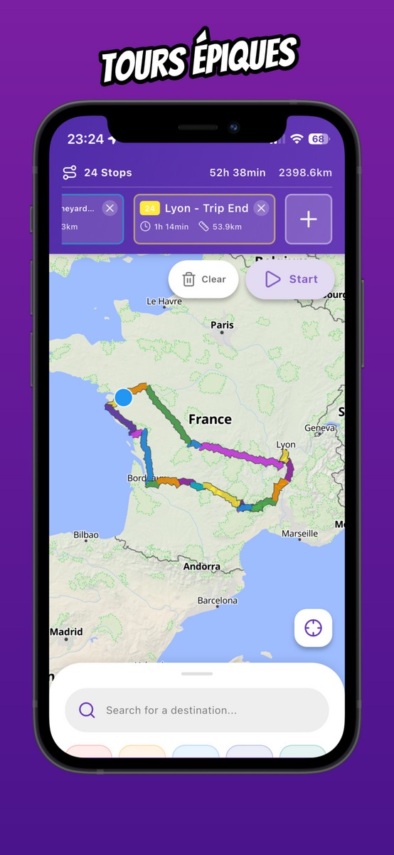 L'application Vroom GPS avec une boucle vers Lyon puis Bordeau pour signifier des tours épiques
