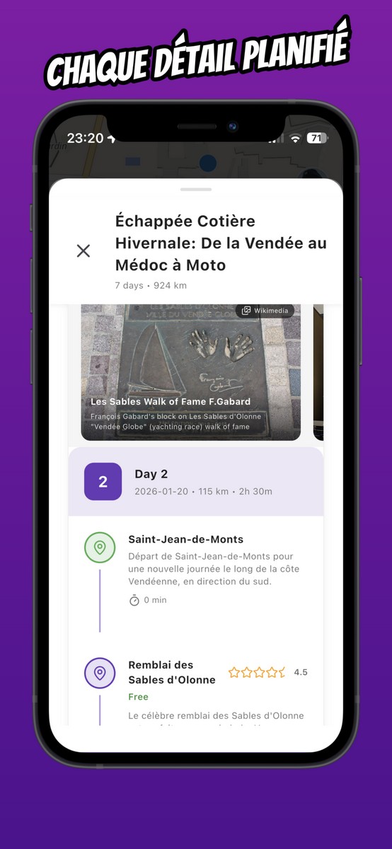 L'application Vroom GPS détail les étapes du périple jour par jour