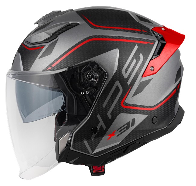 Un casque Jet GIVI X31 gris et rouge